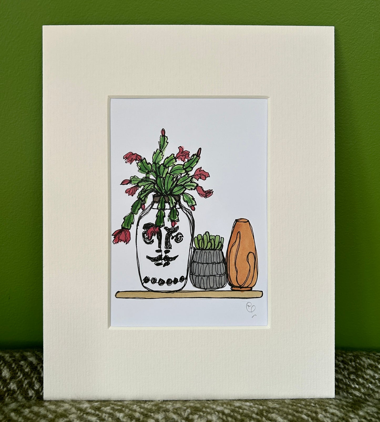 An A6 (postcard sized) watercolour and ink pen single line illustration of plants & vases in a shelf.