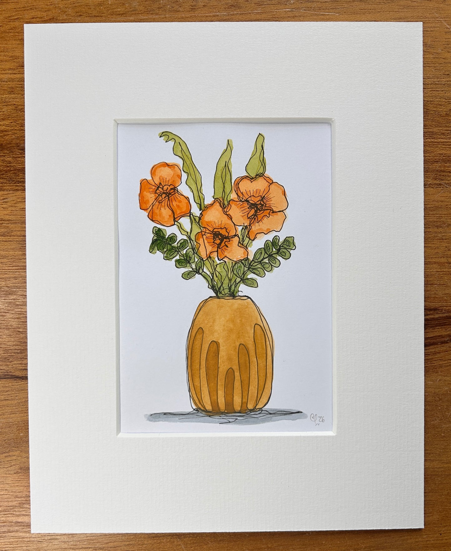 Poppies in an Ochre Vase | A6 mini painting