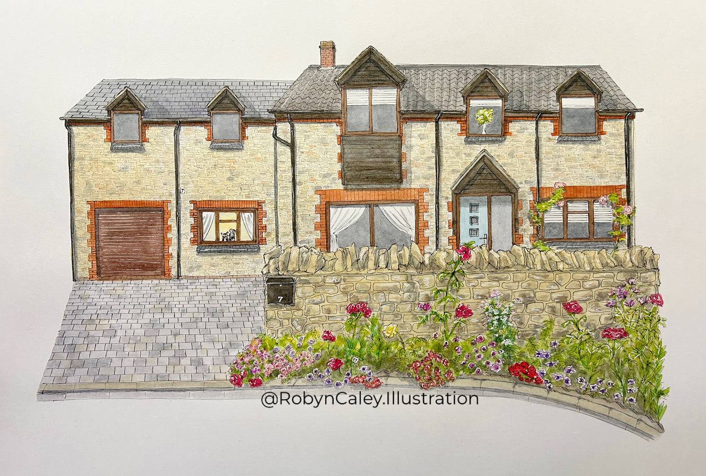 A3 house portrait painting of a lovely barn conversion home in Biddenham, Bedford