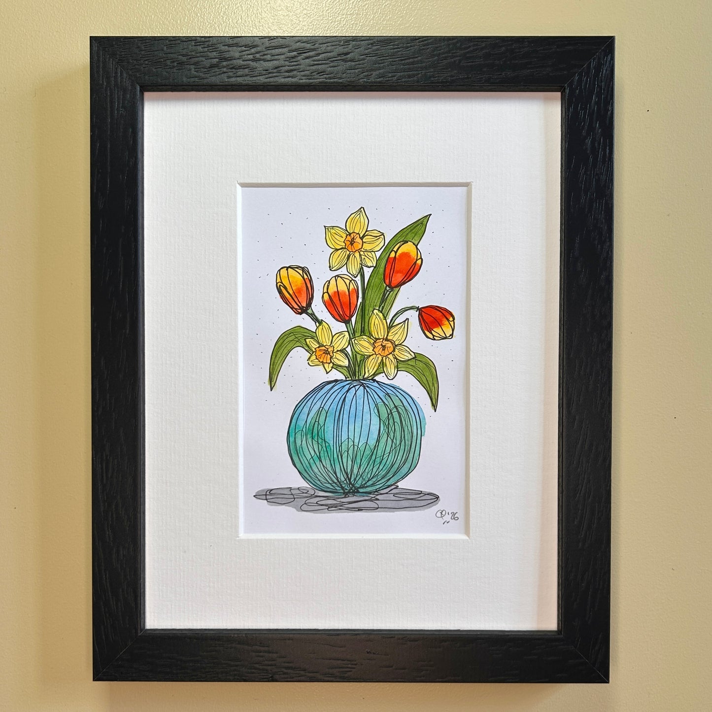 Daffodils & Tulips in a Round Blue Vase | A6 mini painting