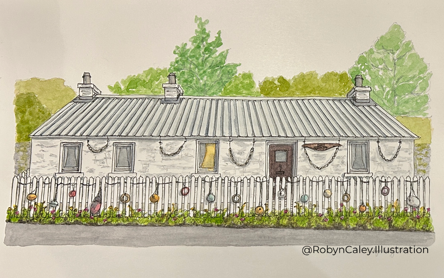 A4 house portrait painting of The Captains, a wonderful cottage in Bettyhill on the north coast of Scotland