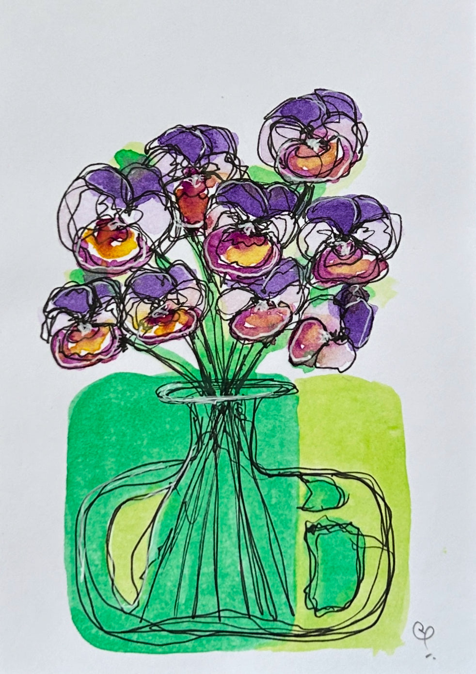 An A6 (postcard sized) watercolour and ink pen illustration of cheerful pansies in a green vase.