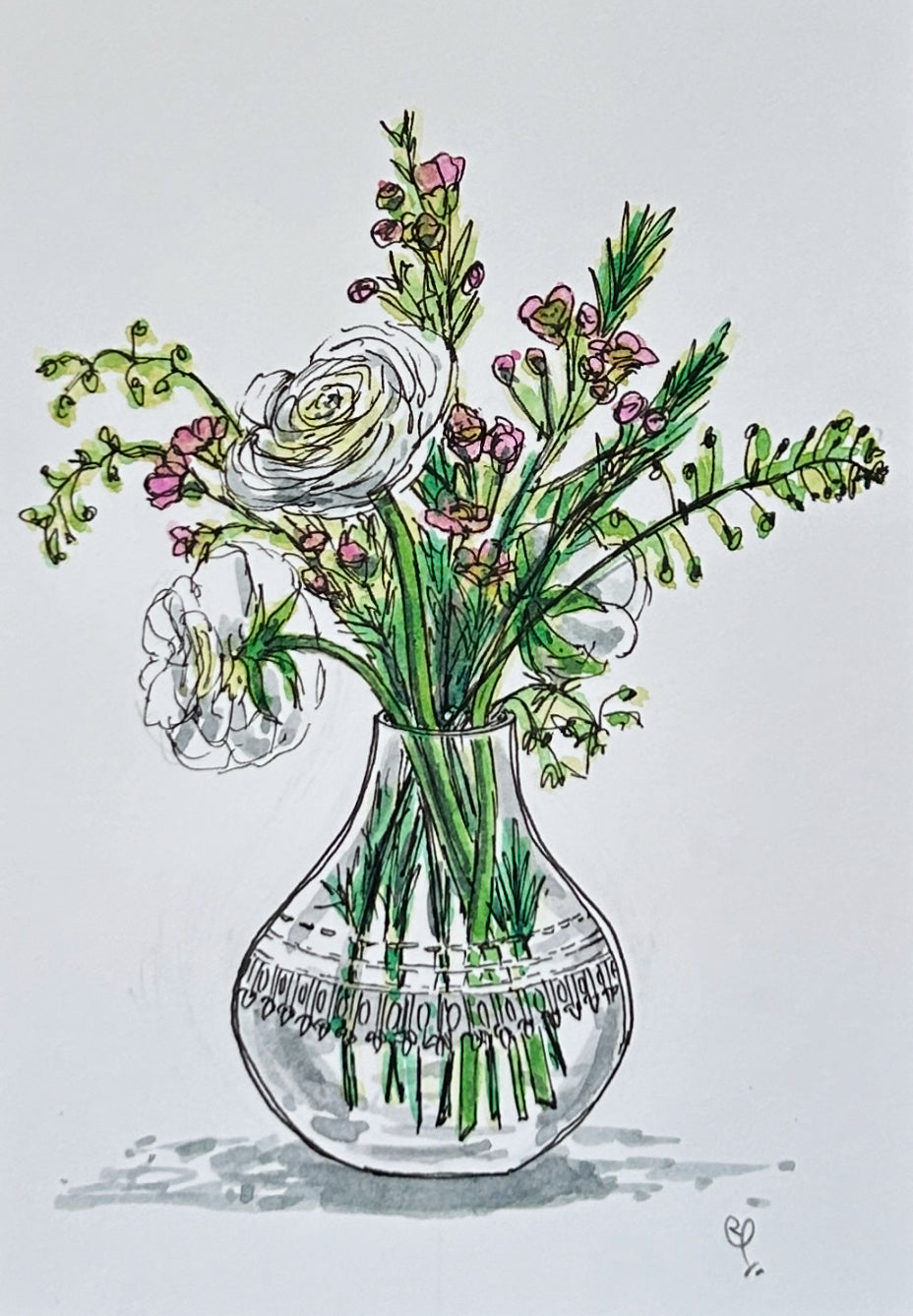 An A6 (postcard sized) watercolour and ink pen illustration of a pretty bouquet in a crystal vase.