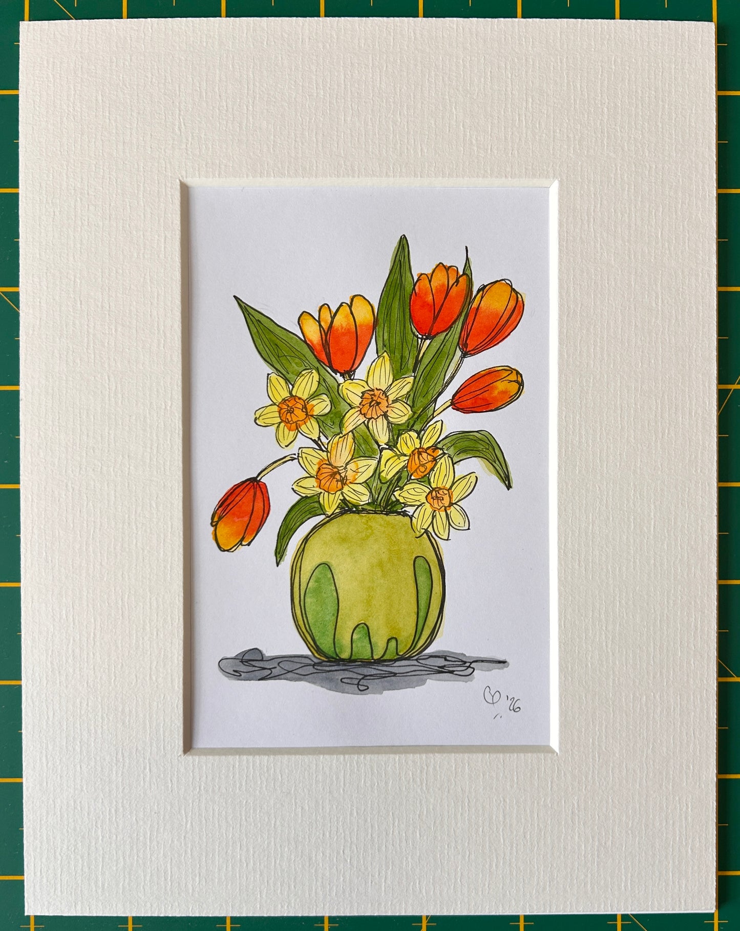 Tulips & Daffodils in a Green Vase | A6 mini painting
