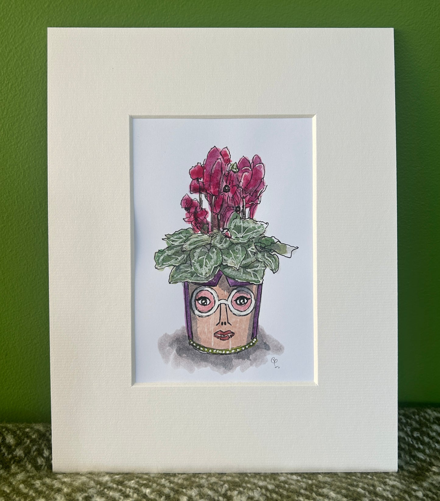 A6 mini original watercolour and ink pen illustration of a cyclamen in a face plant pot with purple hair