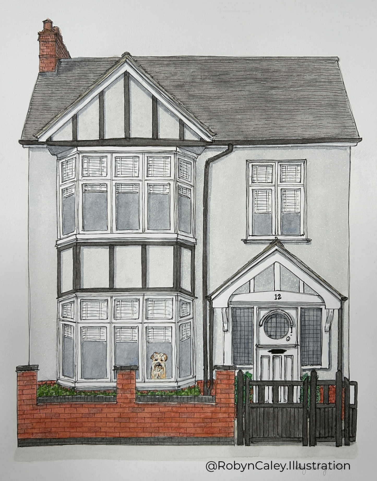 A4 house portrait painting of a lovely whitewashed Victorian home in Bedford’s Castle Quarter, featuring the family pet dog in the window