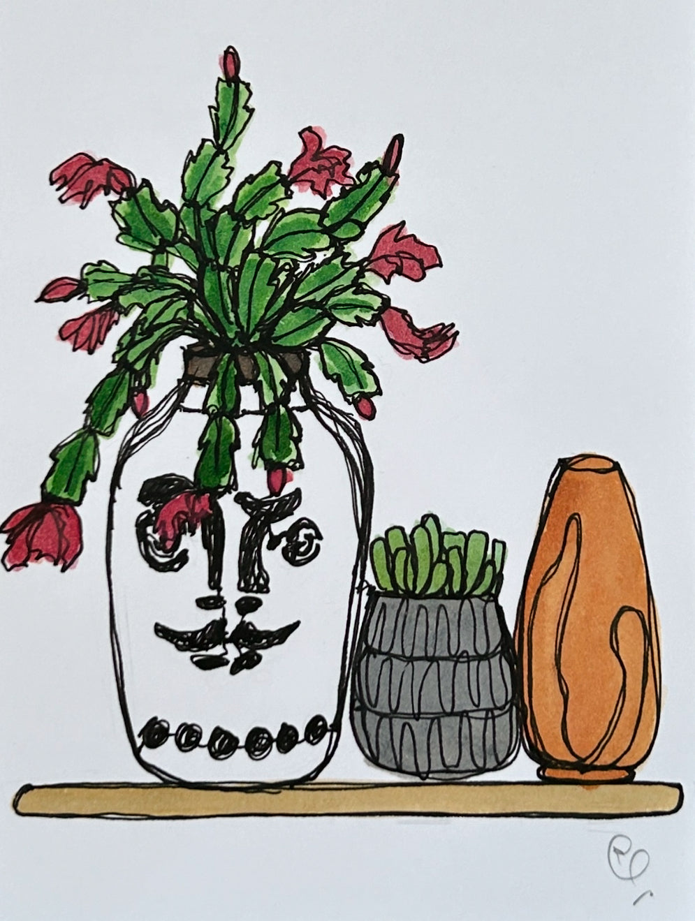 An A6 (postcard sized) watercolour and ink pen single line illustration of plants & vases in a shelf.