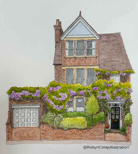 A4 house portrait painting of a beautiful old home with wisteria on The Embankment in Bedford