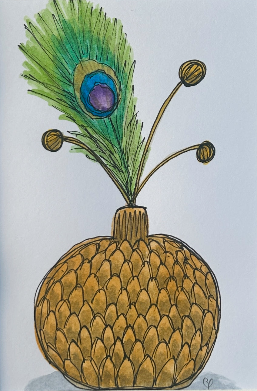An A6 (postcard sized) watercolour and ink pen illustration of a peacock feather in a textured ochre ceramic vase.