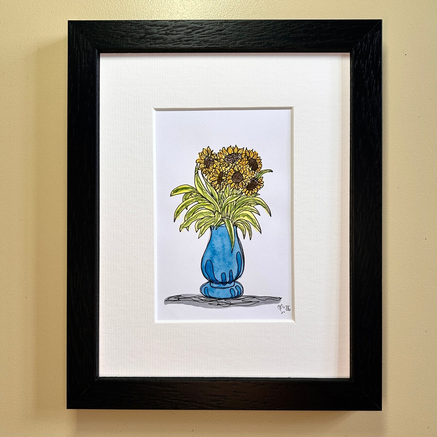 Sunflowers & Stripy Leaves #1 | A6 mini painting