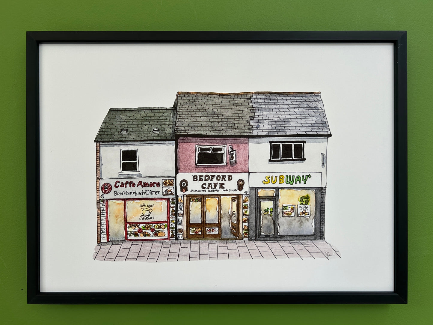 A4 print of a row of three cafes in Bedford own centre