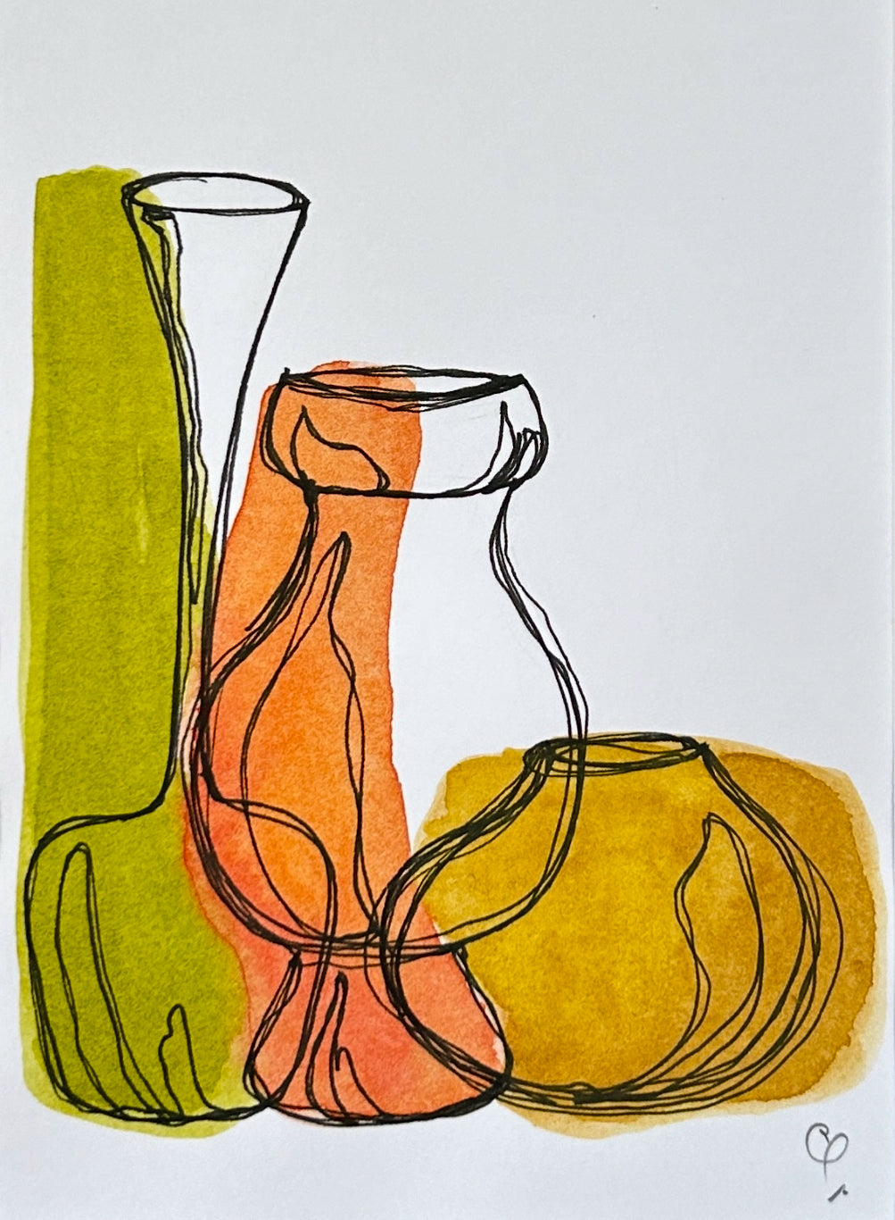 An A6 (postcard sized) watercolour and ink pen single line illustration of a collection of vintage glass vases.