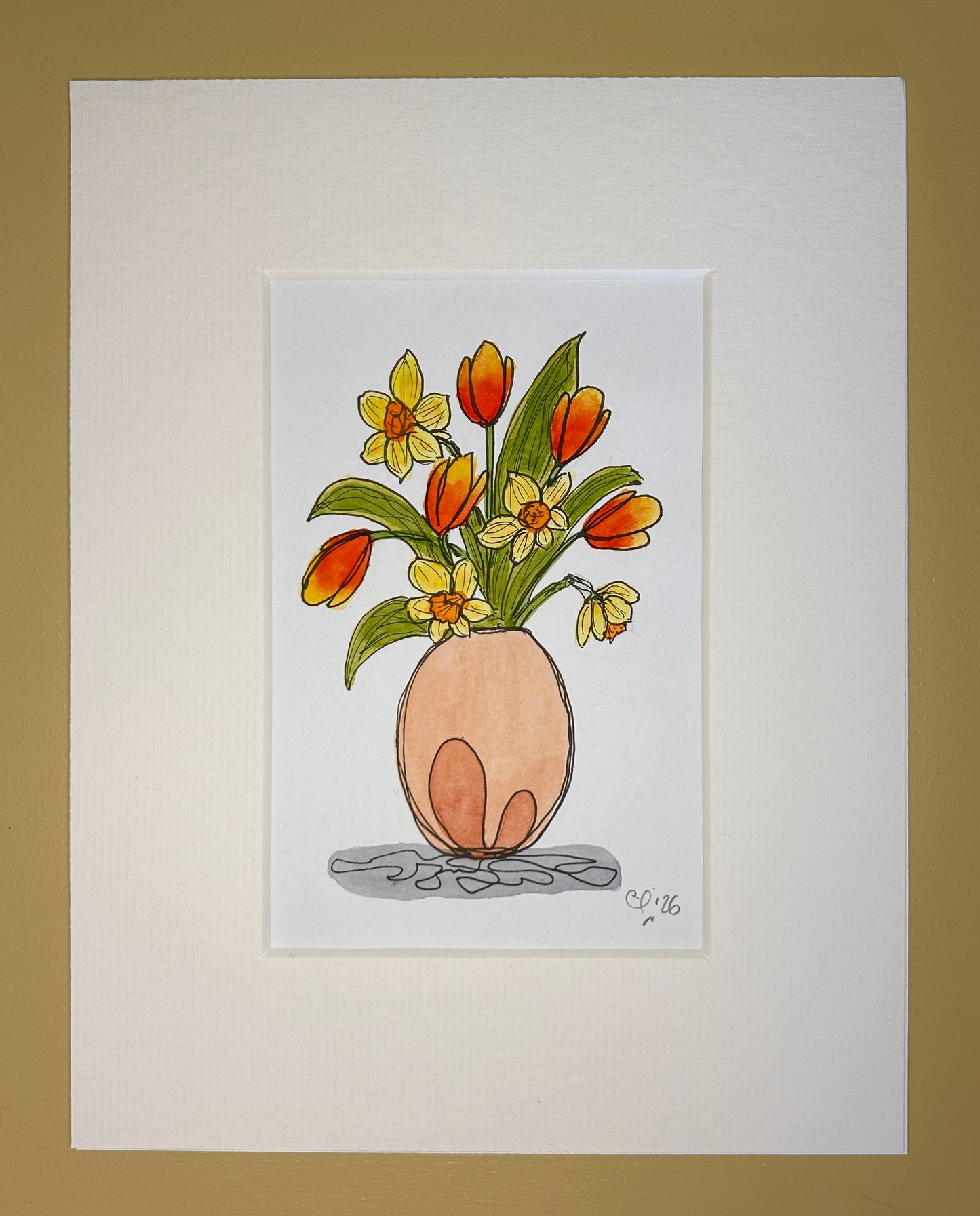 Daffodils & Tulips in a Peach Vase | A6 mini painting