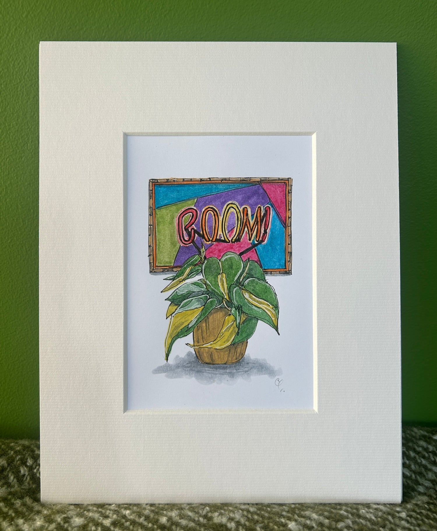 Still life illustration of a plant, abstract painting and Boom! light