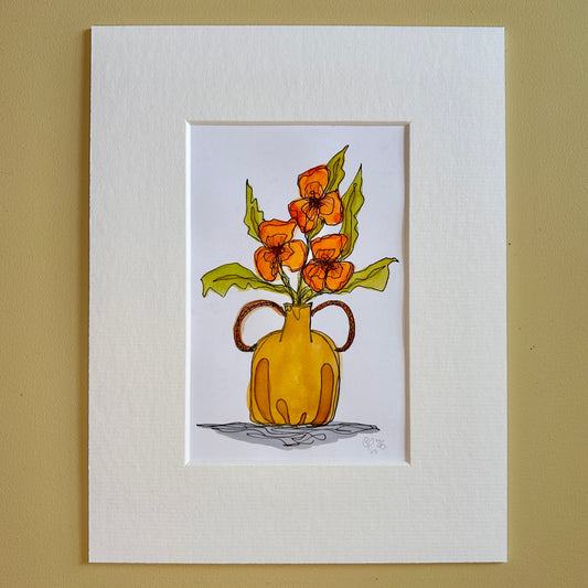 Orange Flowers in an Ochre Pot | A6 mini painting