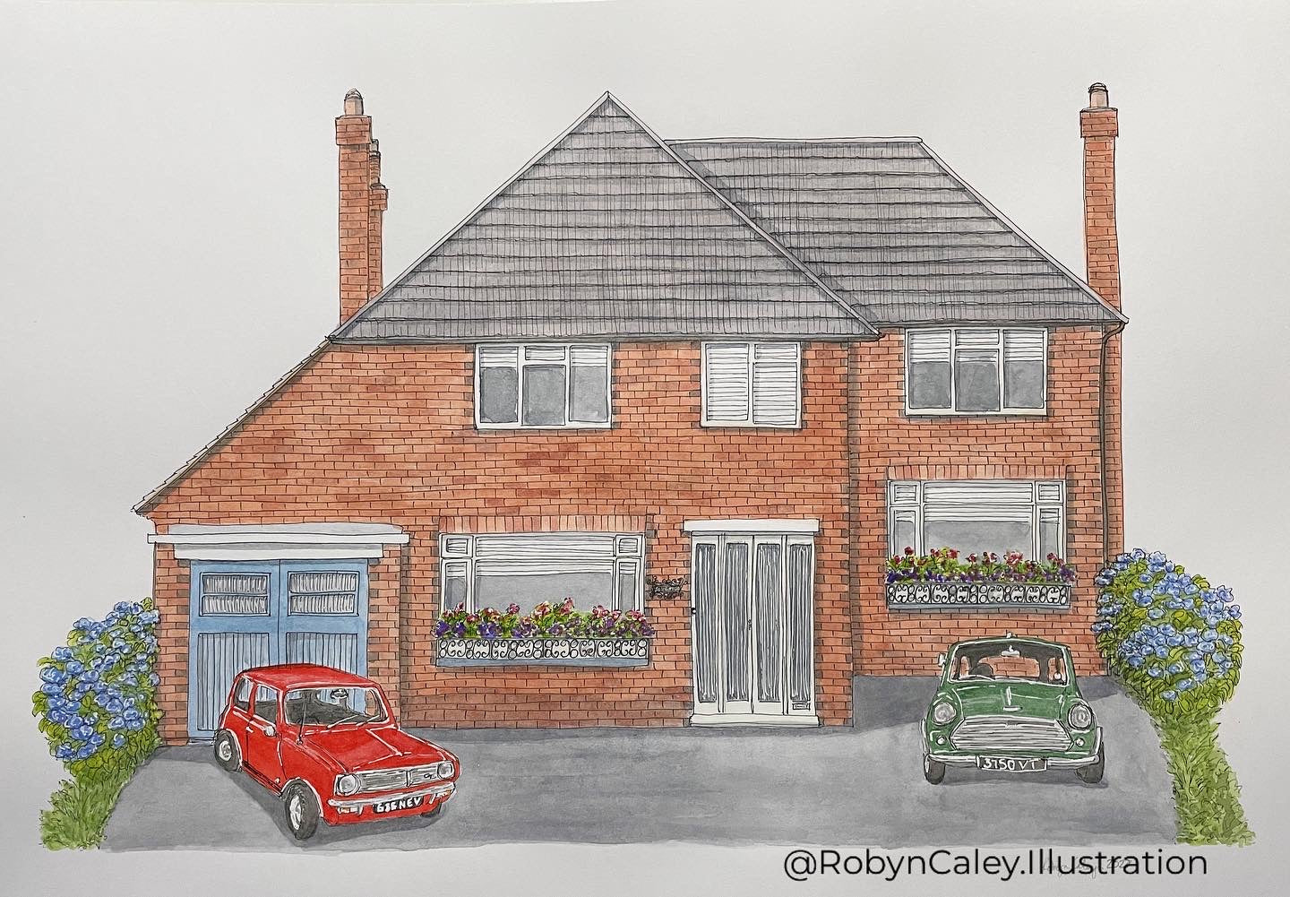 A3 house portrait painting of a much loved home complete with 2 Minis on the driveway