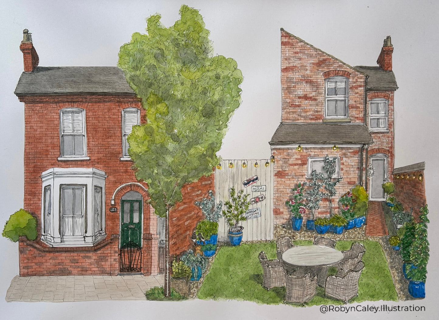 A3 house portrait painting of the front and rear elevations of a much loved Victorian home in the Black Tom area of Bedford