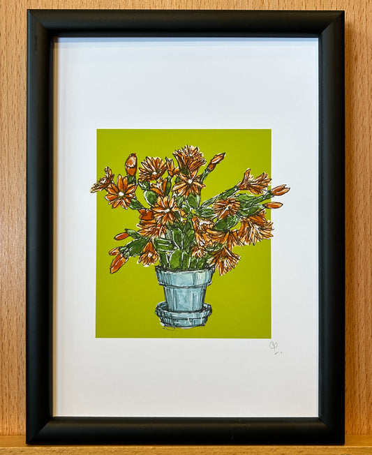 A5 print of an Easter cactus plant, with orange flowers, on a lime green background 