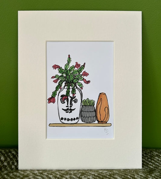 An A6 (postcard sized) watercolour and ink pen single line illustration of plants & vases in a shelf.