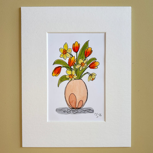 Daffodils & Tulips in a Peach Vase | A6 mini painting