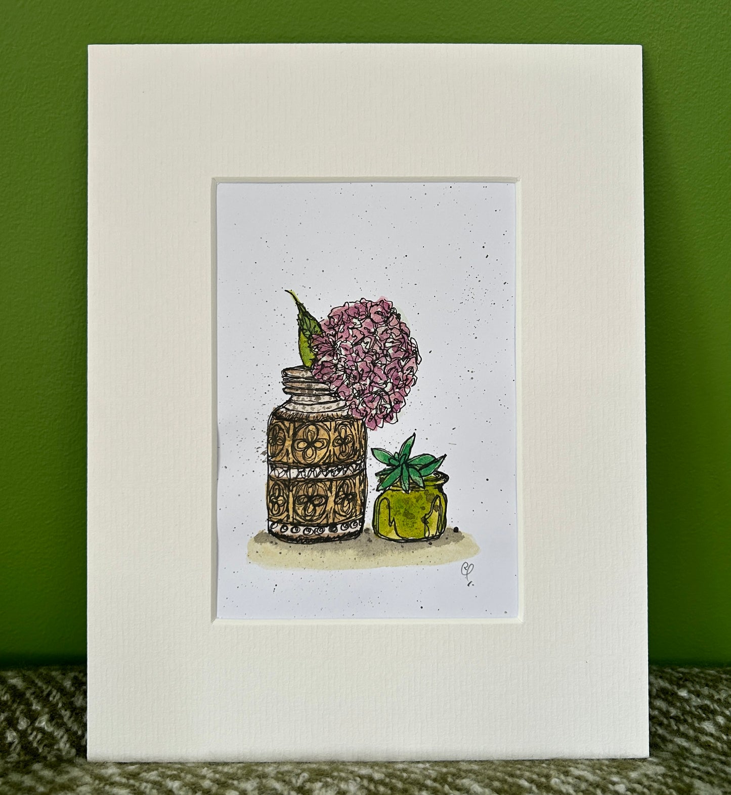 An A6 (postcard sized) watercolour and ink pen illustration of a pink hydrangea in a vintage German pot.