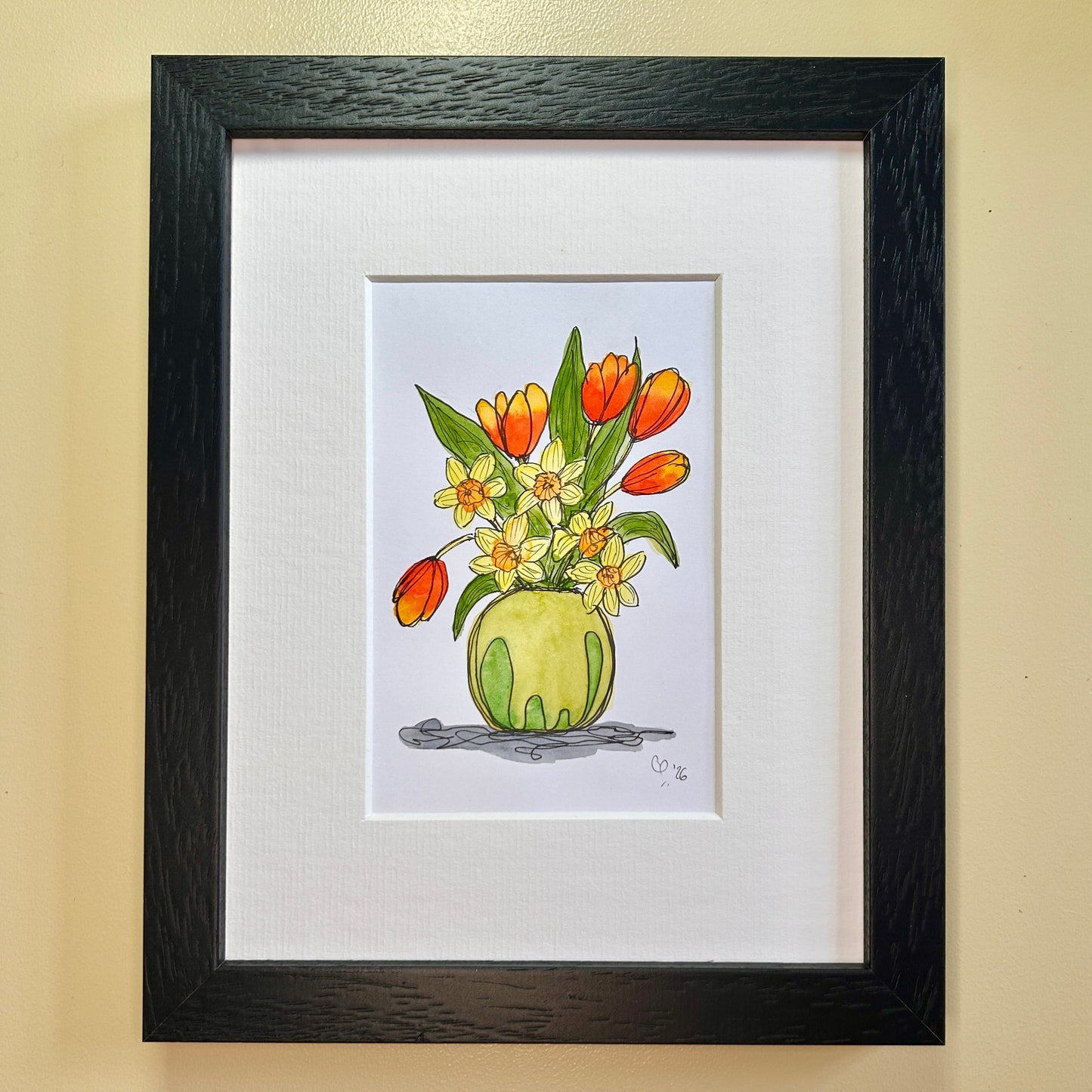 Tulips & Daffodils in a Green Vase | A6 mini painting