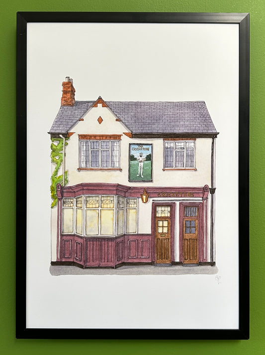 A4 print of The Cricketers, now closed down, on Goldington Road, Bedford