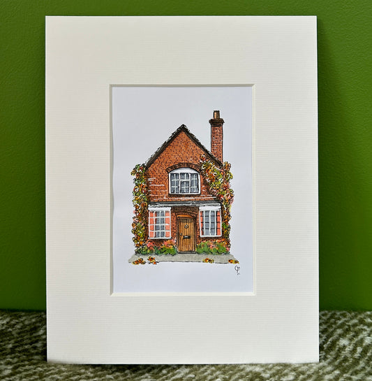 A6 mini original watercolour and ink pen illustration of a lovely autumnal English cottage