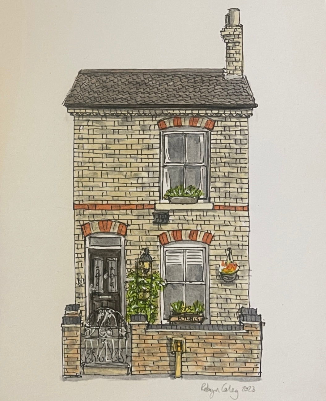 A6 mini original watercolour and ink pen illustration of a home in the Black Tom area of Bedford