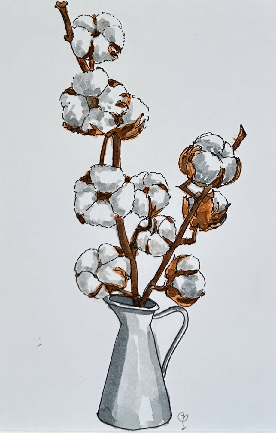 An A6 (postcard sized) watercolour and ink pen illustration of a bouquet of cotton in an enamel jug.