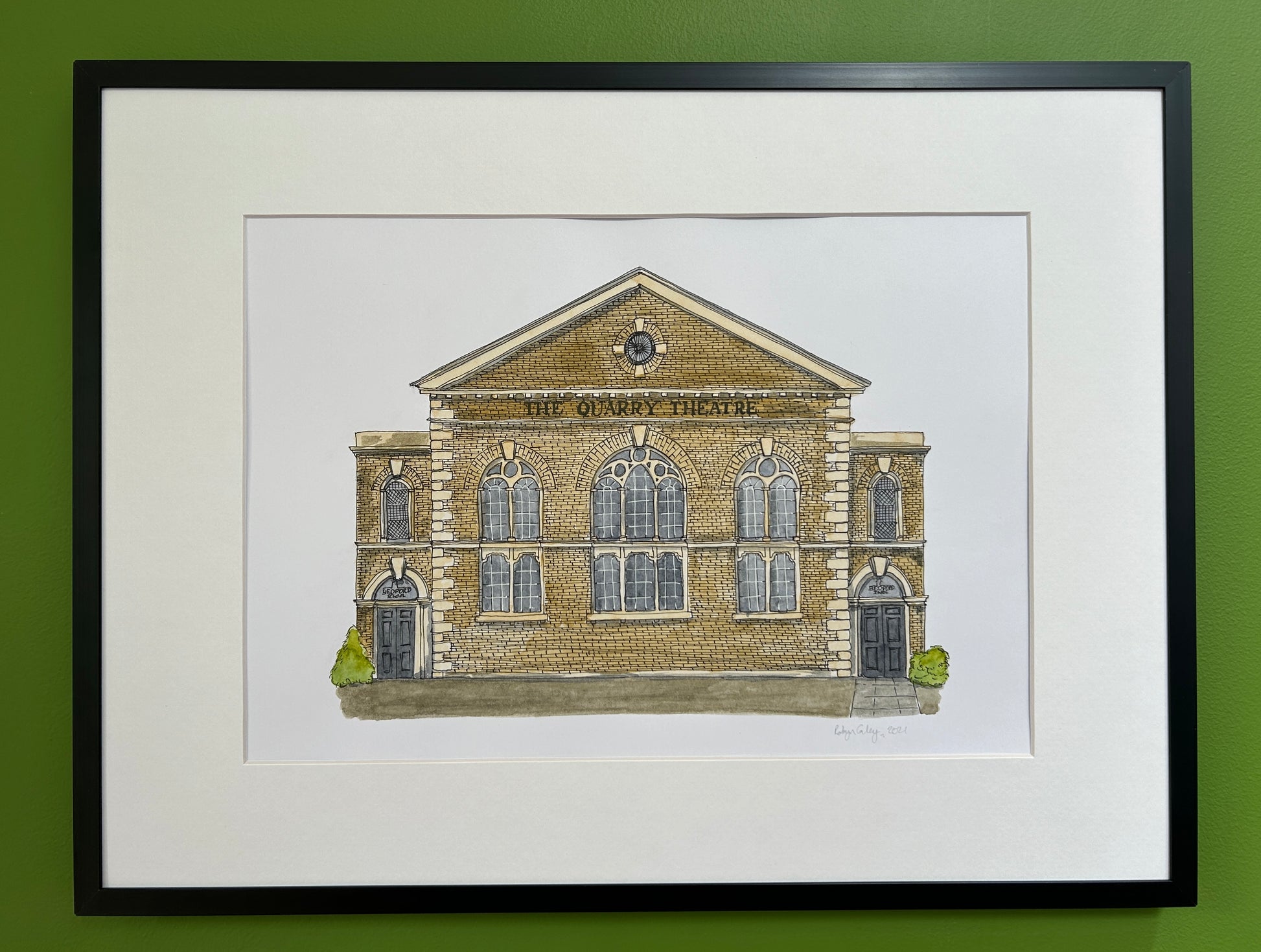 Original watercolour and ink pen illustration of The Quarry Theatre on St Peters Street, Bedford