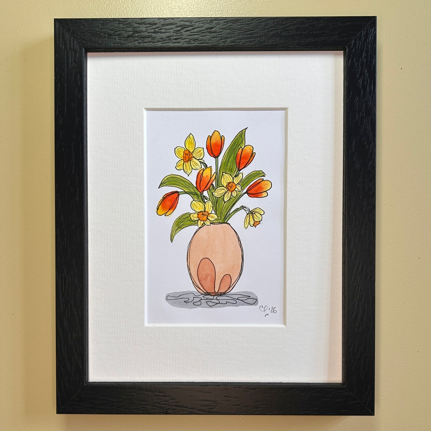 Daffodils & Tulips in a Peach Vase | A6 mini painting