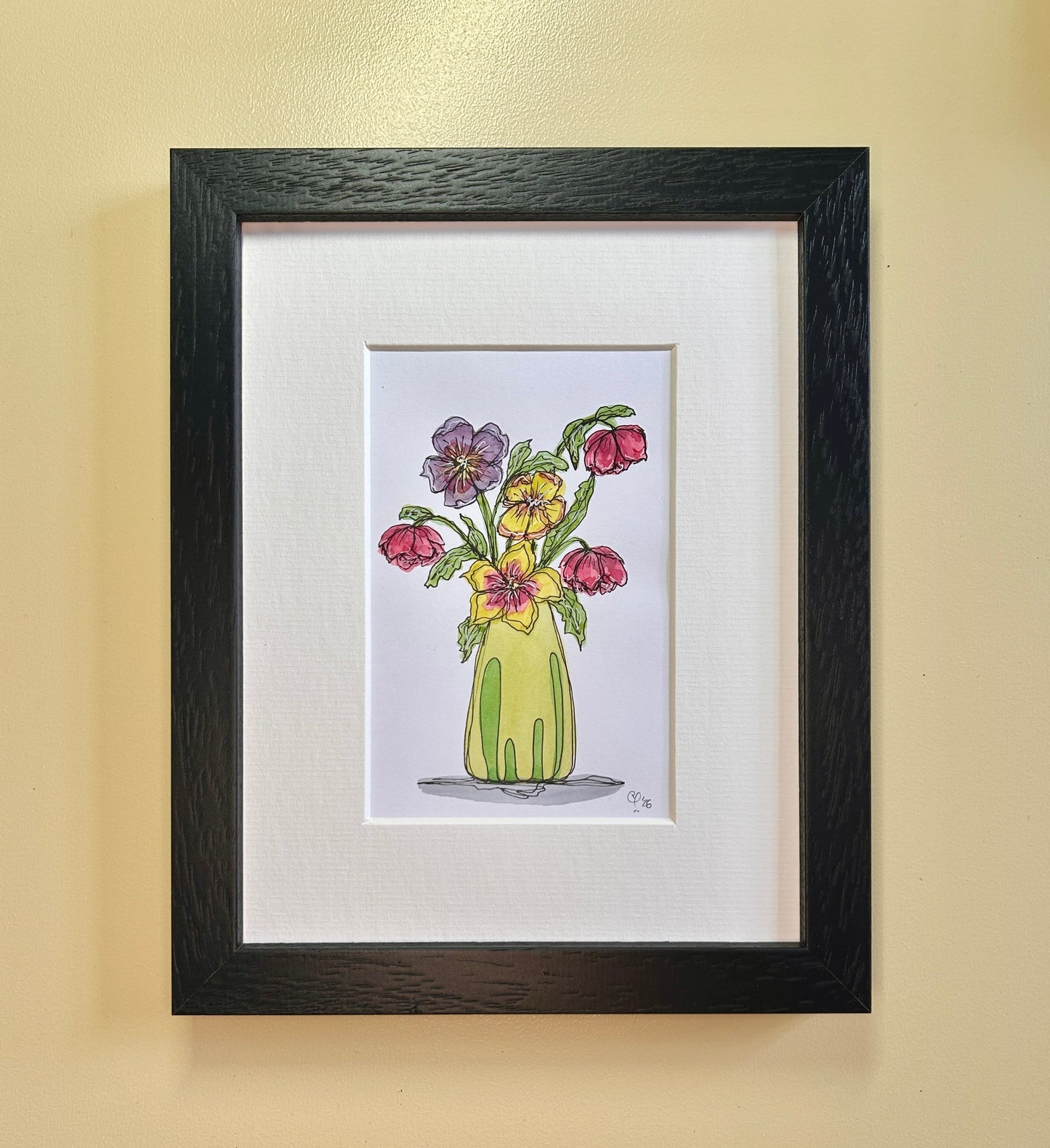 Hellebores in a Tall Green Vase | A6 mini painting