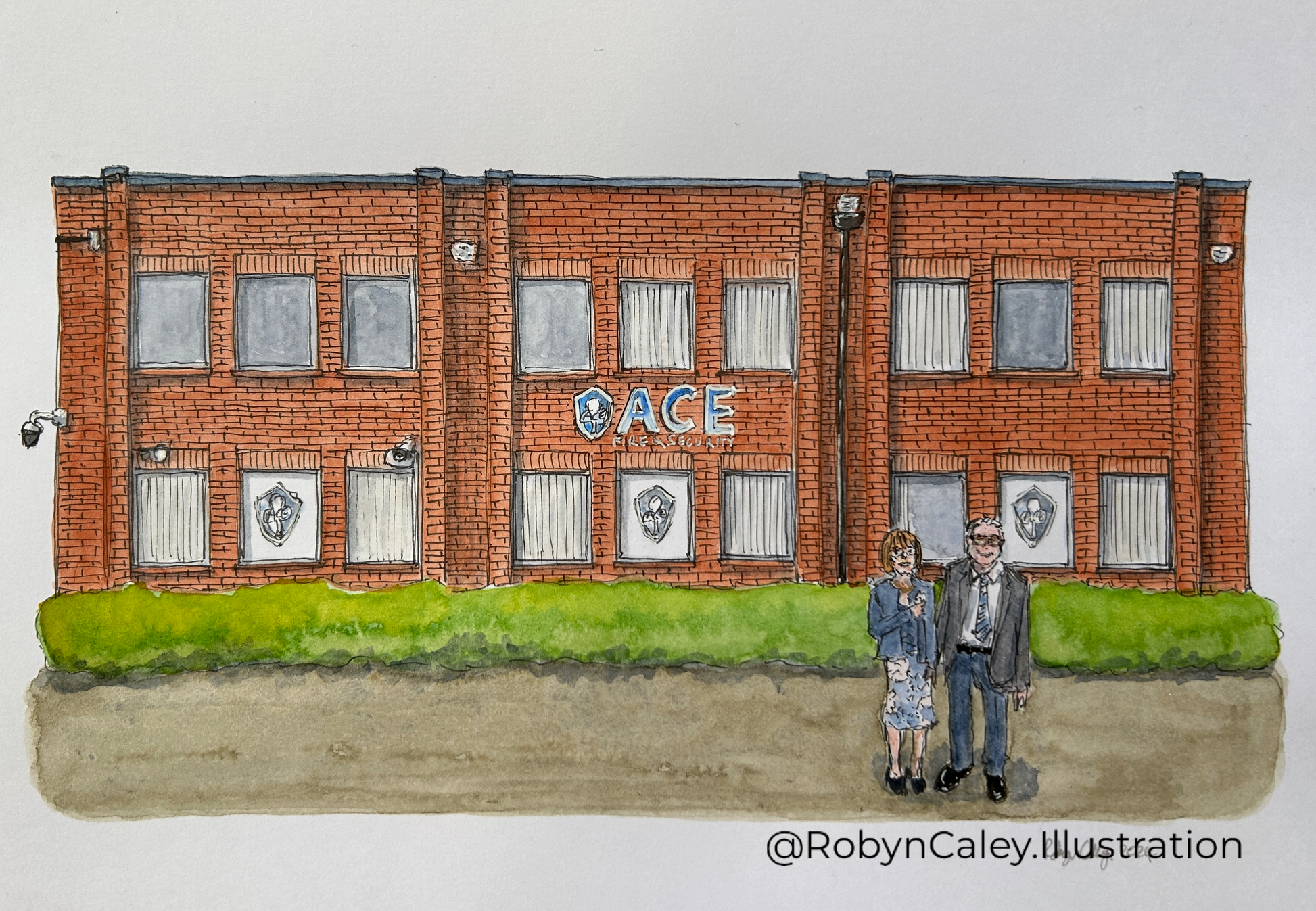 A5 house portrait painting of Ace Fire & Security on Cambridge Road, Bedford, featuring a retired couple