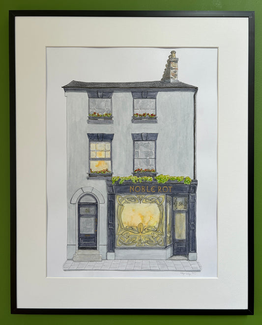 Original A3 watercolour and ink pen illustration of Noble Rot on Tavistock Street, Bedford