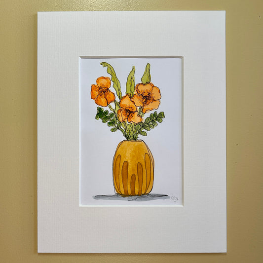Poppies in an Ochre Vase | A6 mini painting