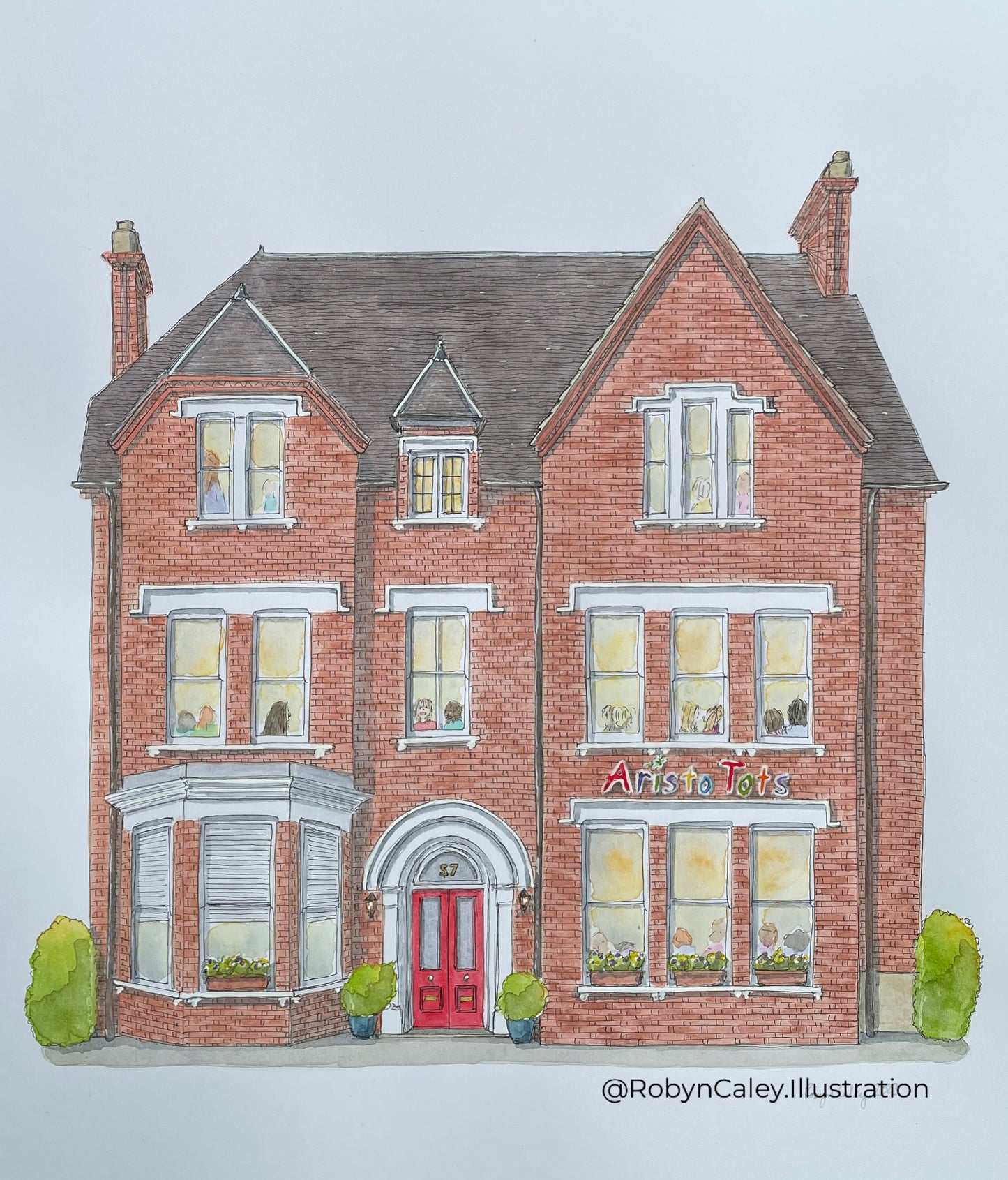 A3 house portrait painting of a the wonderful Victorian building that is Aristotots nursery in Bedford