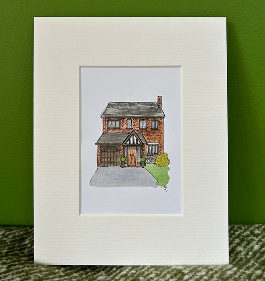 A6 mini original watercolour and ink pen illustration of a 1980s style house