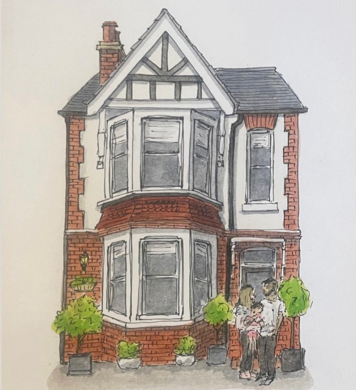 A6 mini original watercolour and ink pen illustration of a lovely Bedford home featuring the family who own it