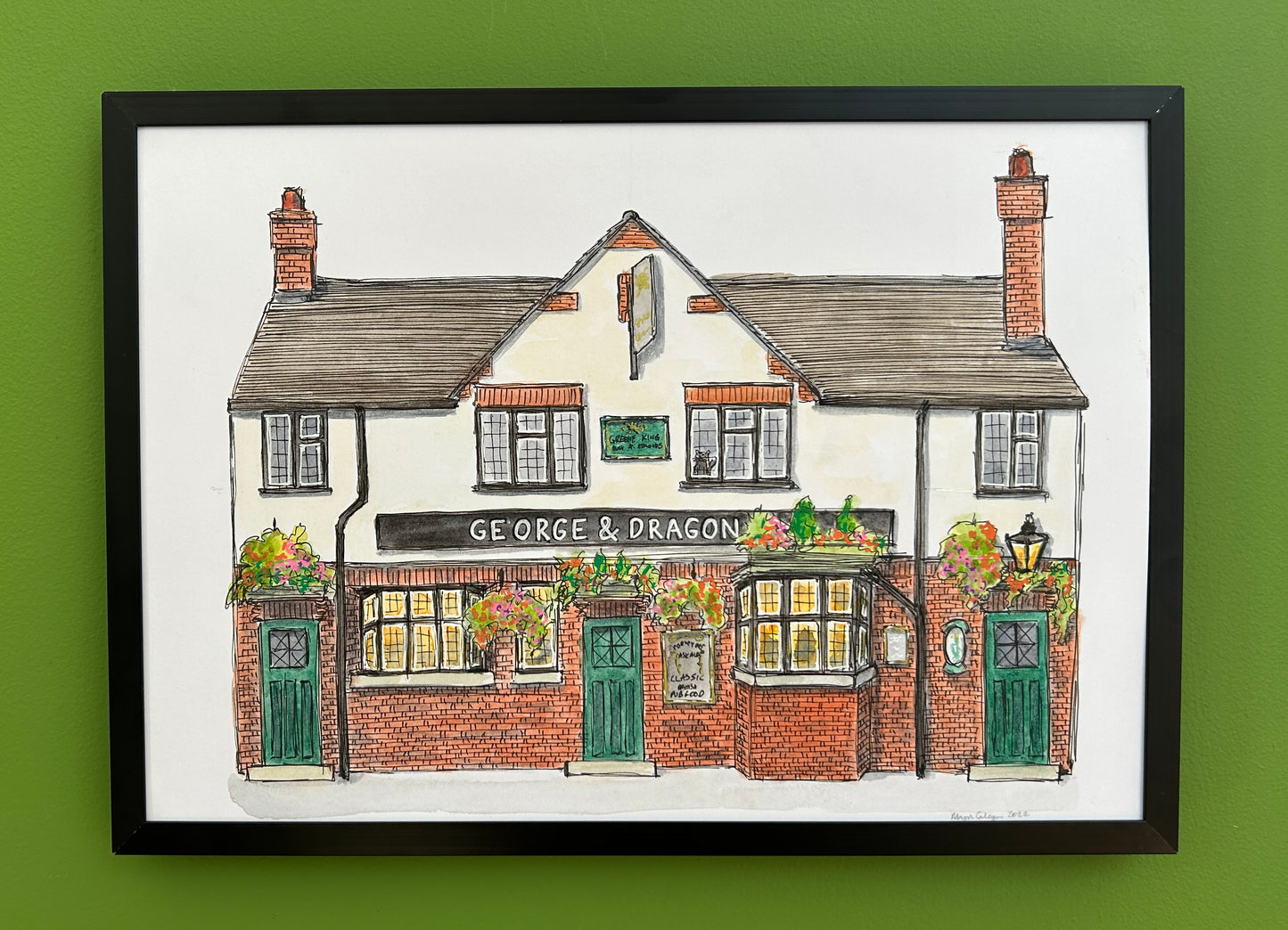 Original A4 watercolour and ink pen en-plein-air illustration of the George & Dragon on Mill Street, Bedford