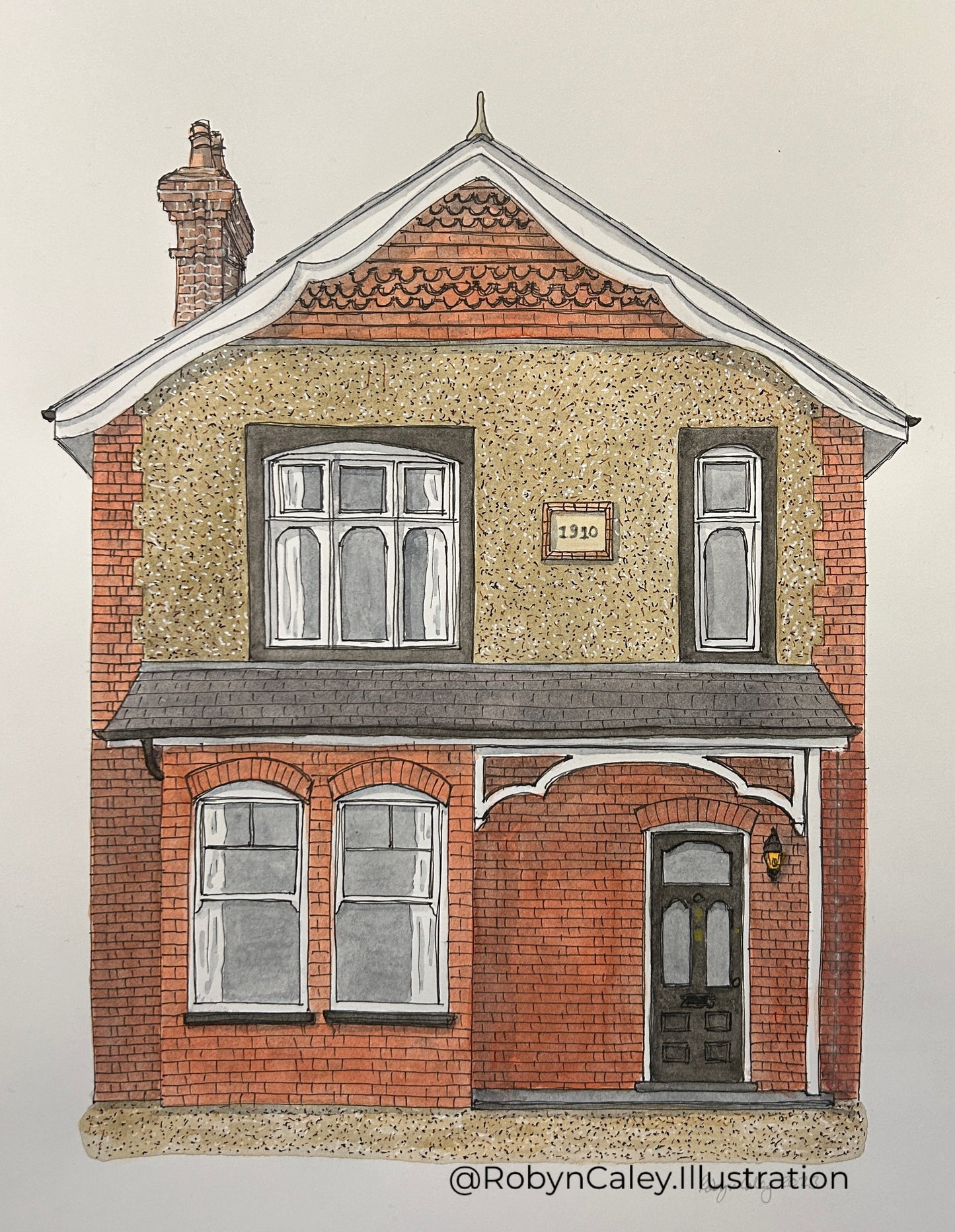 A4 house portrait painting of a smart 1910 pebble-dashed home in Ampthill