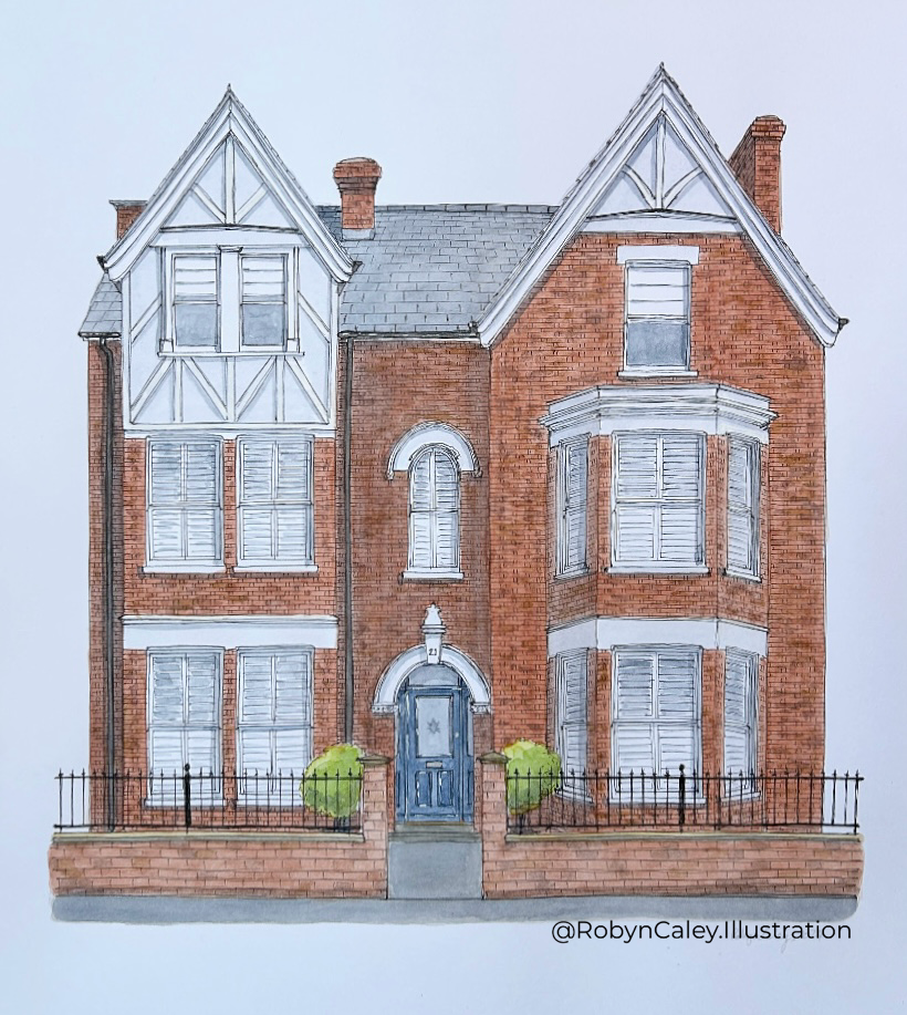 A3 house portrait painting of a beautiful large double-fronted home in Bedford’s Castle Quarter