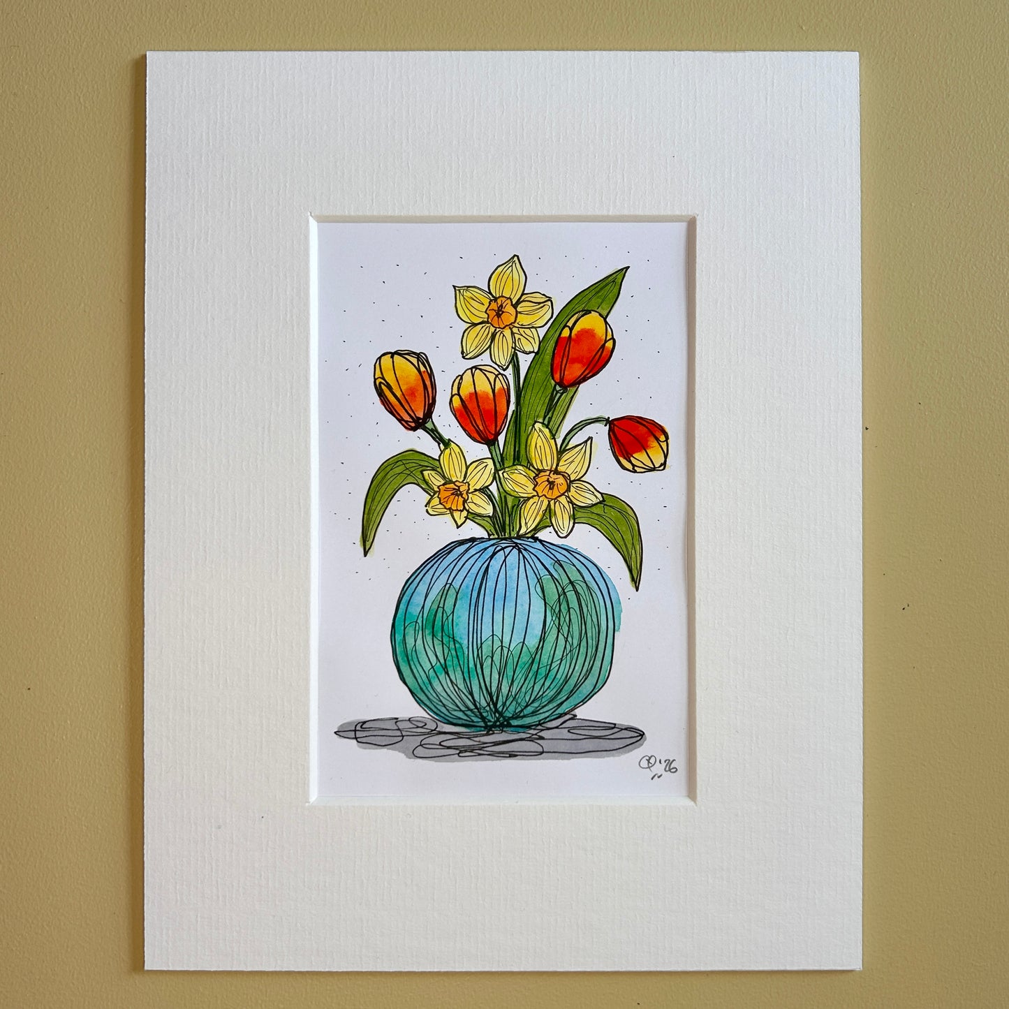 Daffodils & Tulips in a Round Blue Vase | A6 mini painting