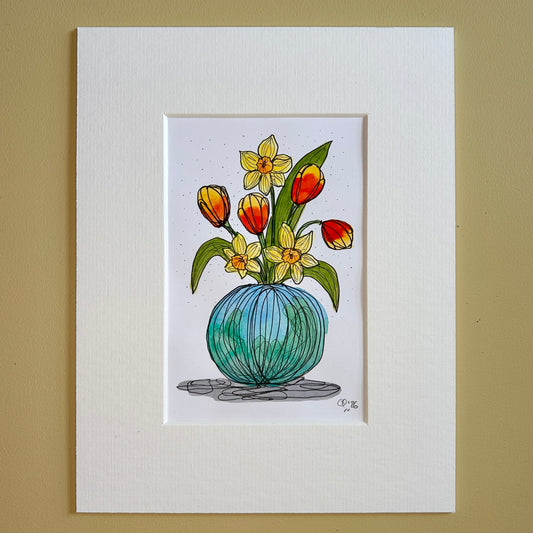 Daffodils & Tulips in a Round Blue Vase | A6 mini painting