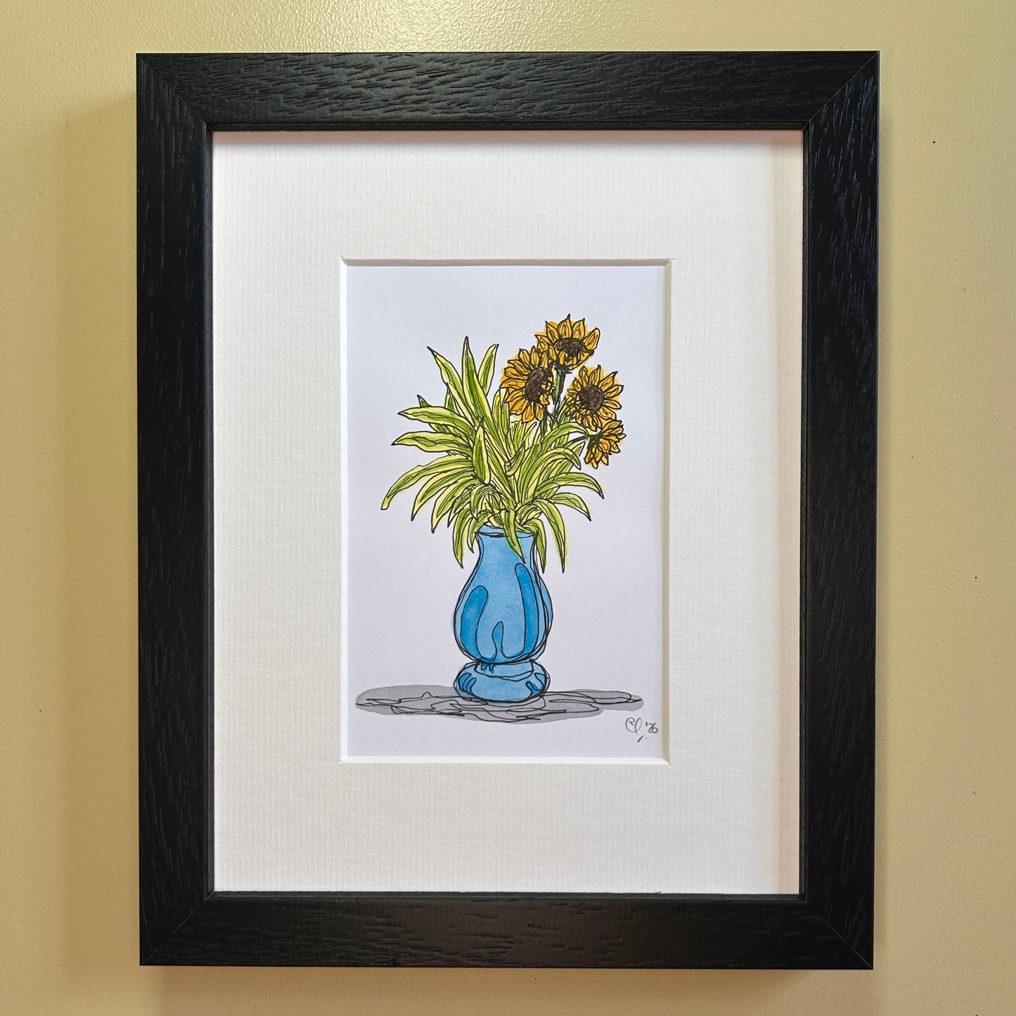 Sunflowers & Stripy Leaves #4 | A6 mini painting