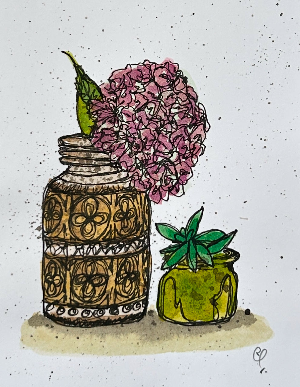 An A6 (postcard sized) watercolour and ink pen illustration of a pink hydrangea in a vintage German pot.