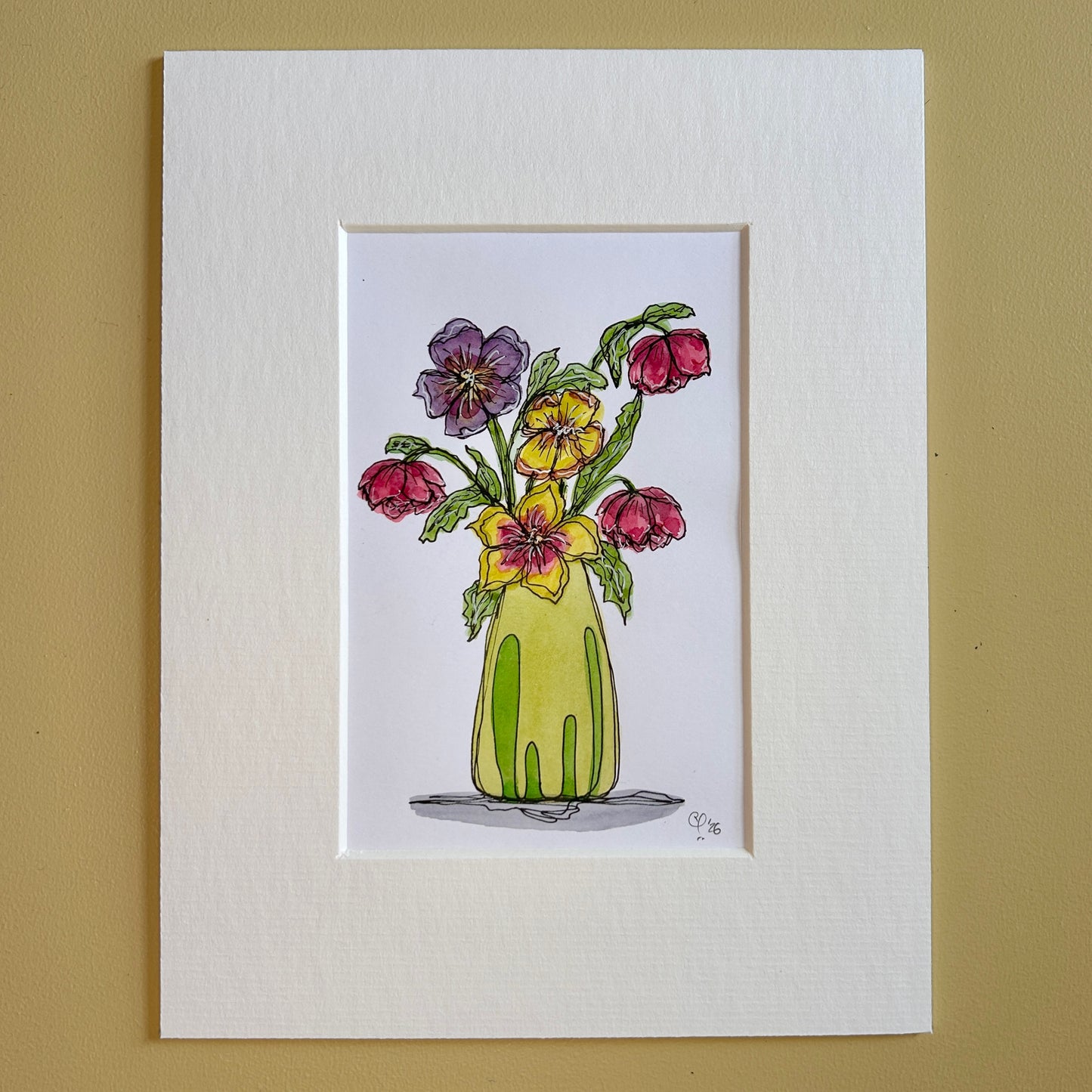 Hellebores in a Tall Green Vase | A6 mini painting