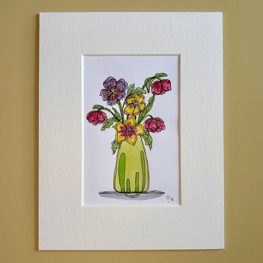 Hellebores in a Tall Green Vase | A6 mini painting