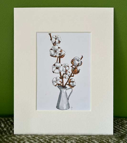 An A6 (postcard sized) watercolour and ink pen illustration of a bouquet of cotton in an enamel jug.