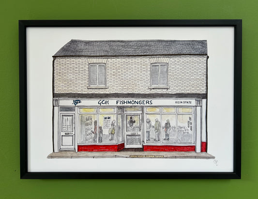 A4 print of the award-winning GCH Fishmongers on Newnham Street, Bedford